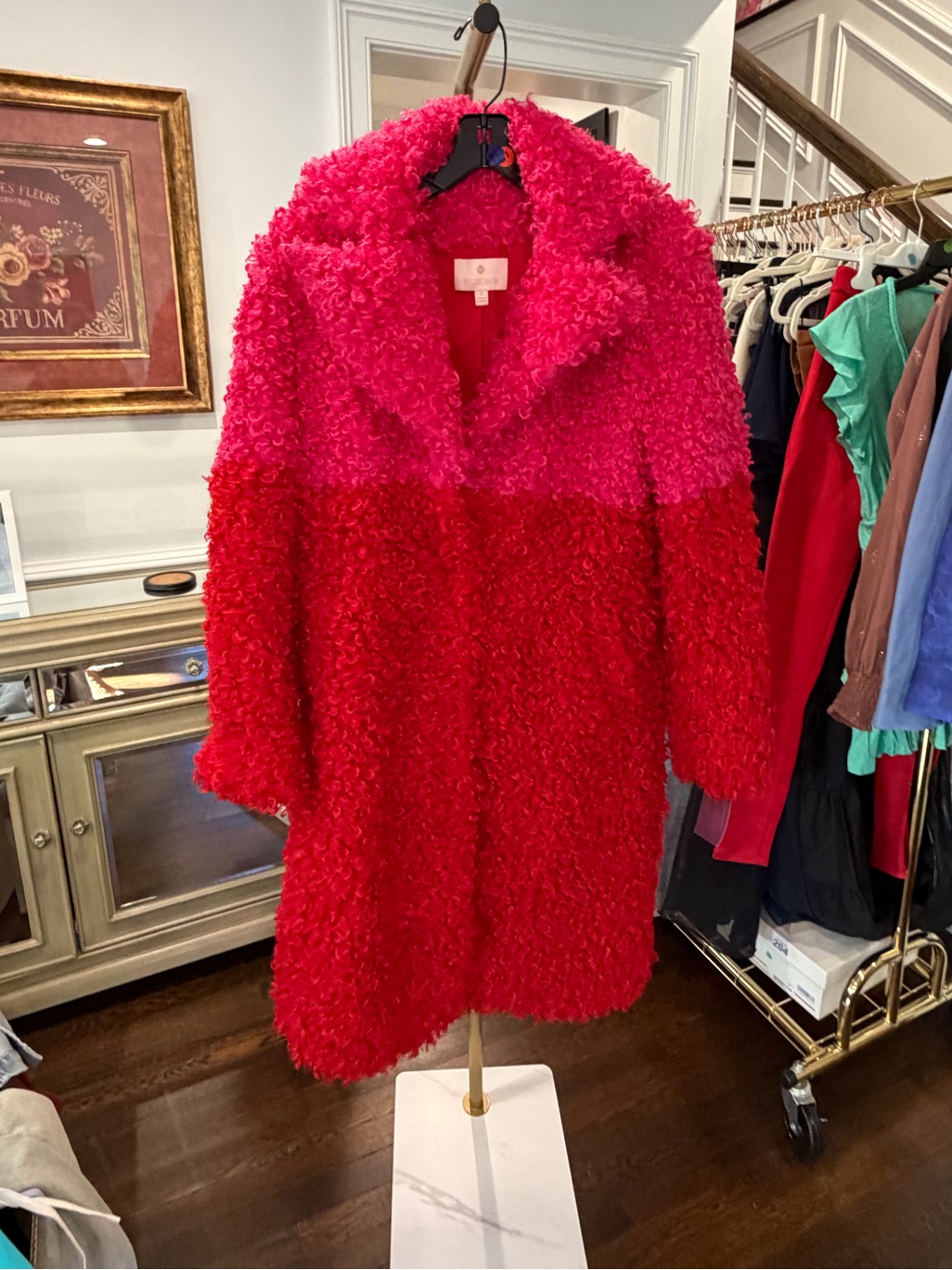 Etcetera Pink And Red Teddy Faux Shearling Coat